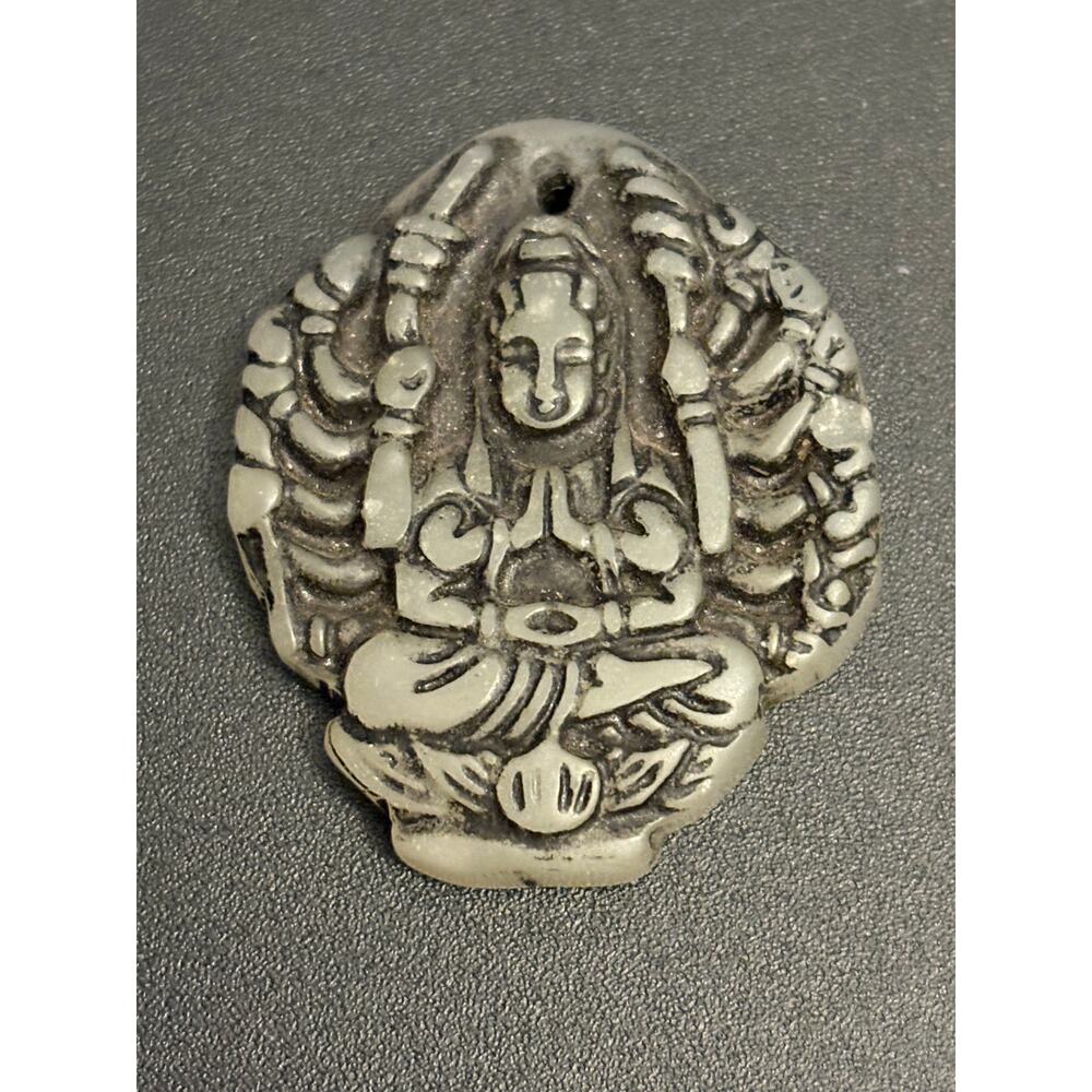Vintage Carved Green Stone Guanyin Pendant Jade Look Spiritual